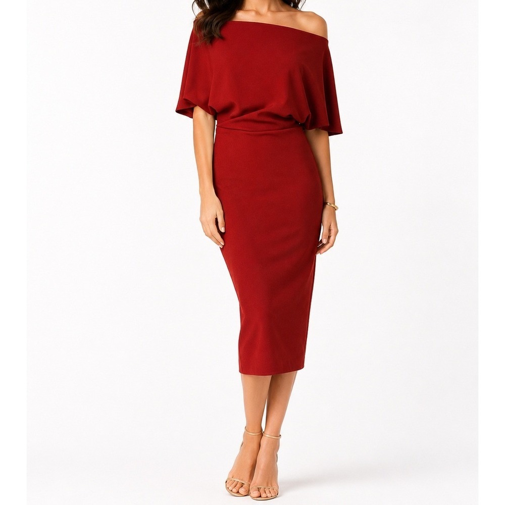 Alexia Admor Sheath‎ Dress Dolman Sleeve Crepe Off Shoulder Rust Red Small